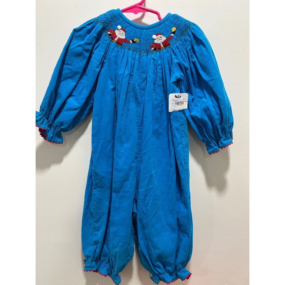 Betti‎ Terrell Blue Corduroy Smocked Santa Claus Holiday Long Sleeve Romper 18M